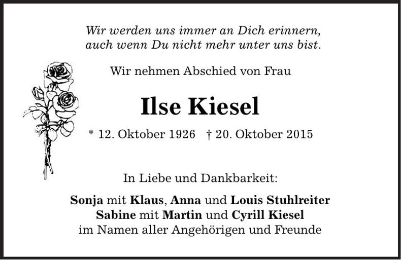 Traueranzeige Ilse Kiesel