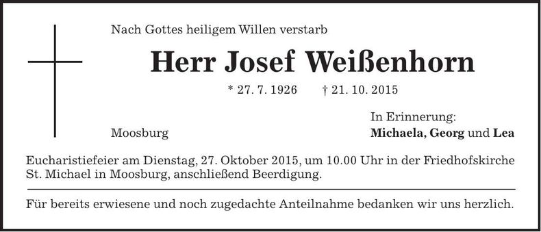 Traueranzeige Josef Weißenhorn