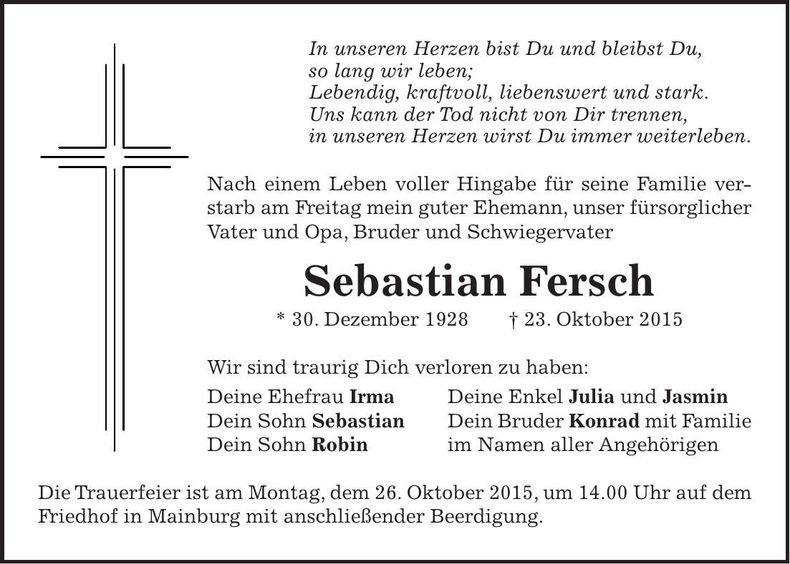 Traueranzeige Sebastian Fersch