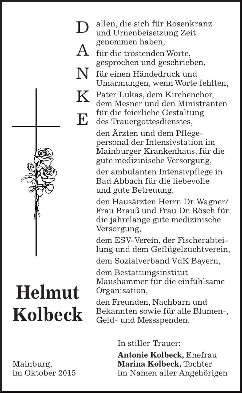 Traueranzeige Kolbeck Helmut