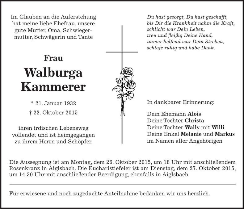 Traueranzeige Walburga Kammerer