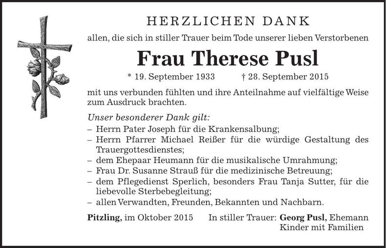 Traueranzeige Therese Pusl