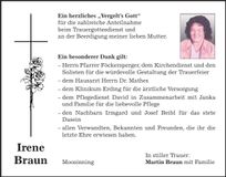 Traueranzeige Irene Braun
