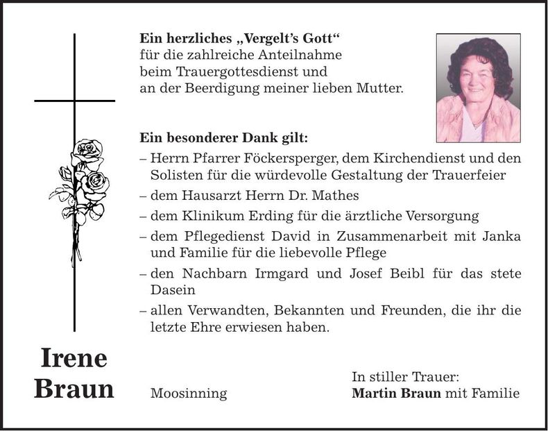 Traueranzeige Irene Braun