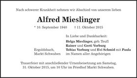 Traueranzeige Alfred Mieslinger