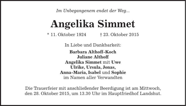 Traueranzeige Angelika Simmet