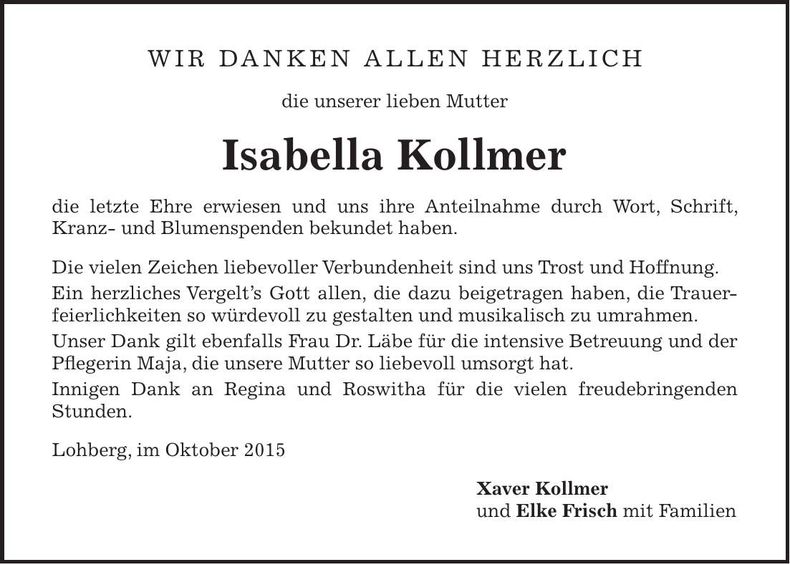 Traueranzeige Isabella Kollmer