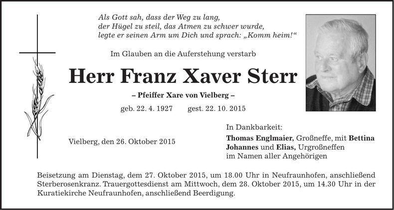 Traueranzeige Franz Xaver Sterr