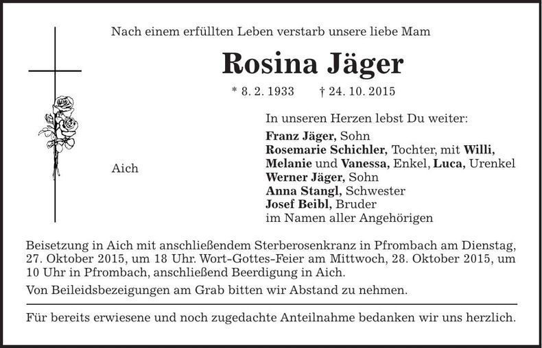Traueranzeige Rosina Jäger