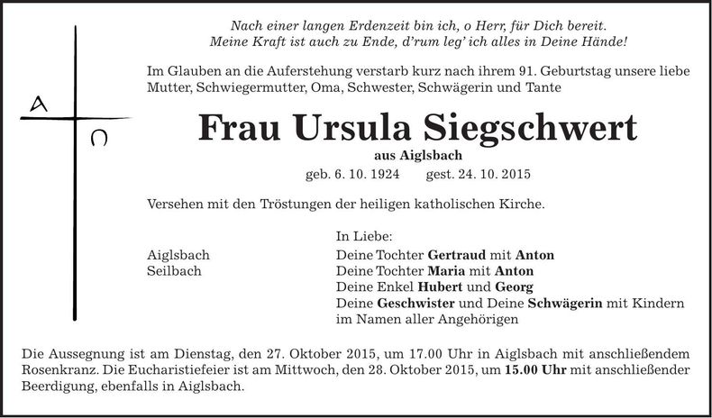 Traueranzeige Ursula Siegschwert
