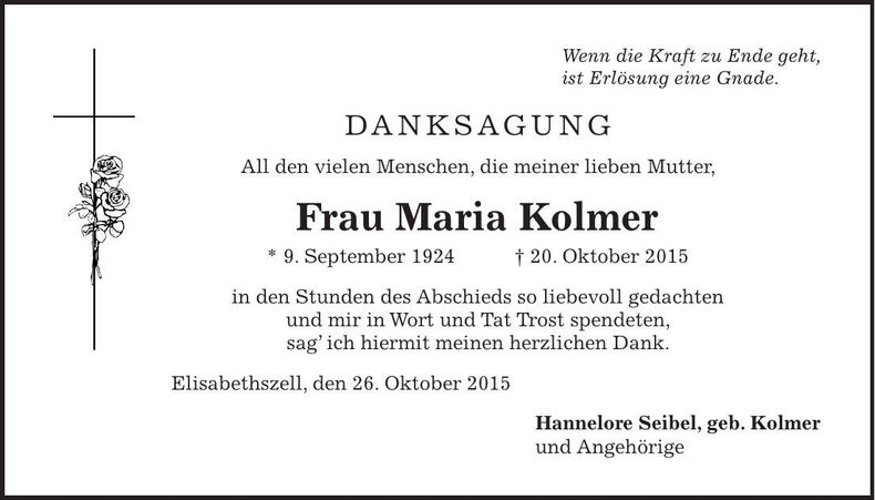 Traueranzeige Maria Kolmer