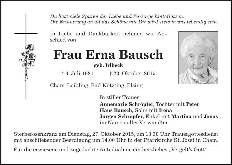Traueranzeige Erna Bausch