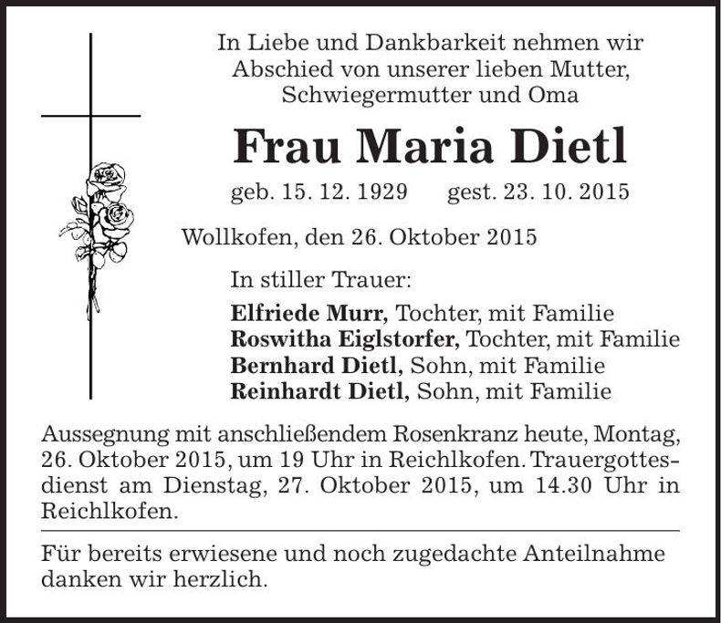 Traueranzeige Maria Dietl