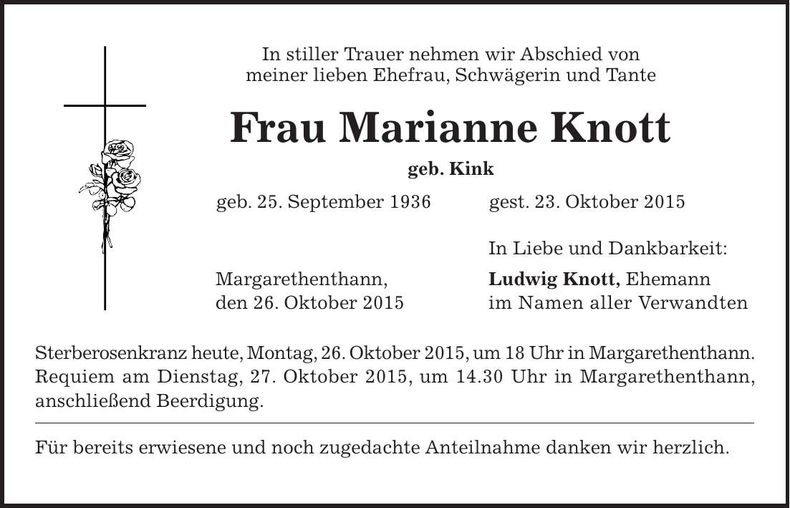 Traueranzeige Marianne Knott