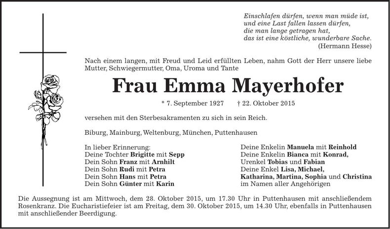Traueranzeige Emma Mayerhofer