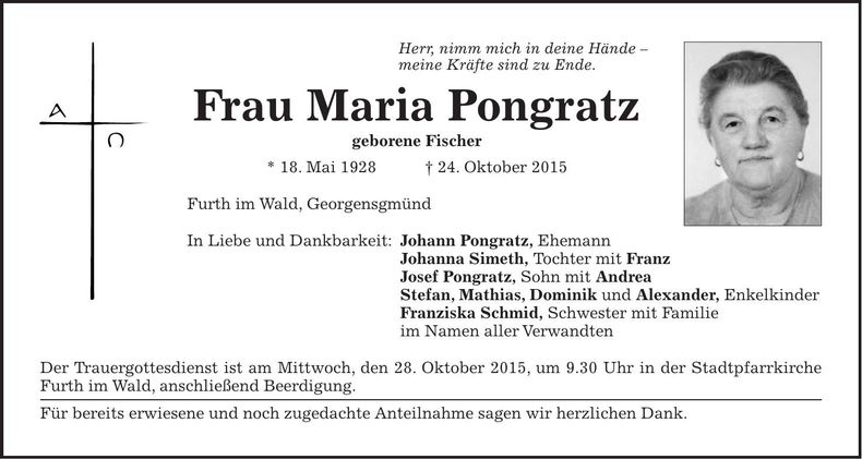 Traueranzeige Maria Pongratz