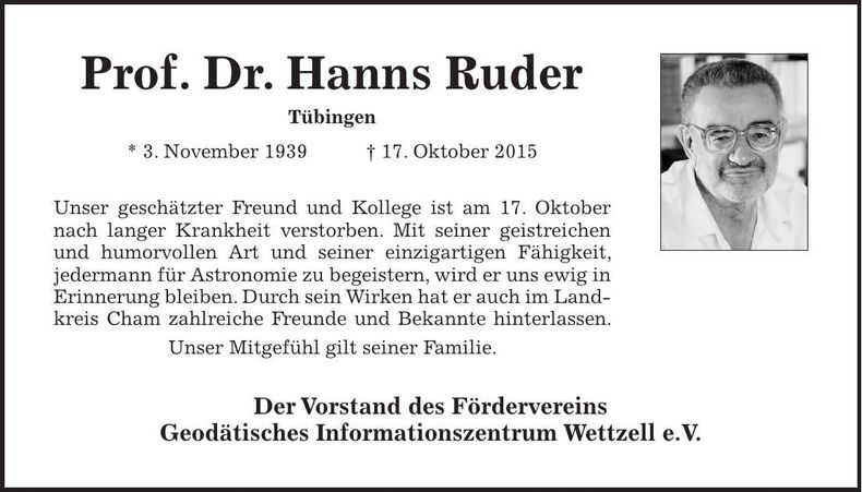 Traueranzeige Prof. Dr. Ruder Hanns