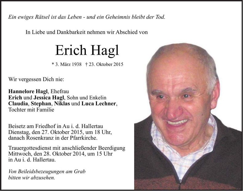 Traueranzeige Erich Hagl