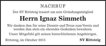 Traueranzeige Ignaz Simmeth