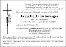 Traueranzeige Berta Schweiger