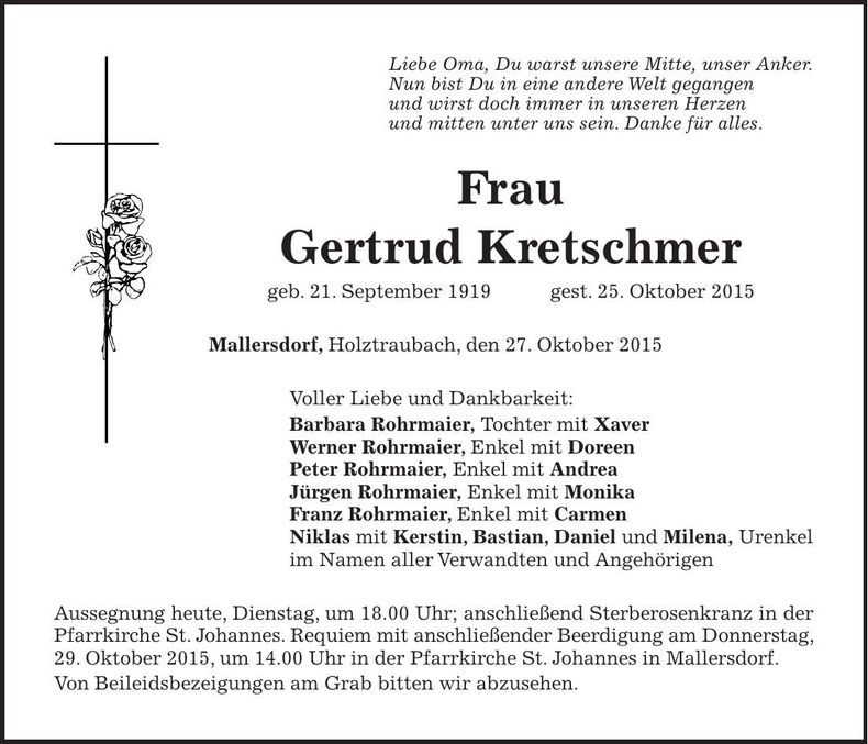 Traueranzeige Gertrud Kretschmer
