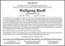 Traueranzeige Wolfgang Riedl