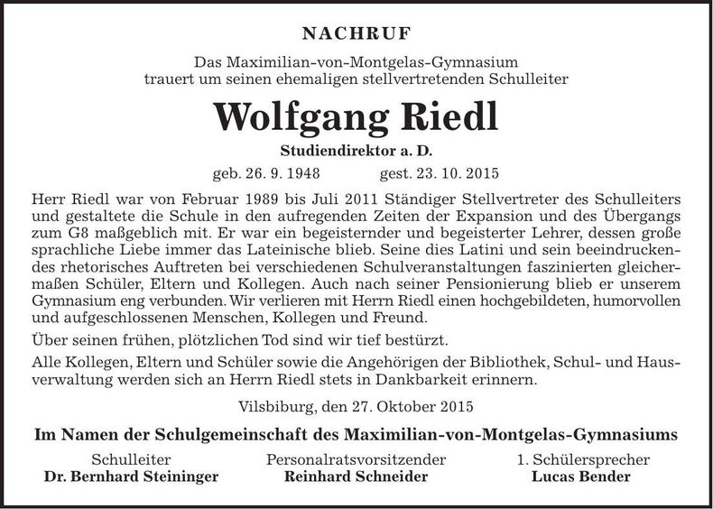 Traueranzeige Wolfgang Riedl