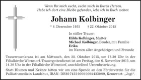 Traueranzeige Johann Kolbinger