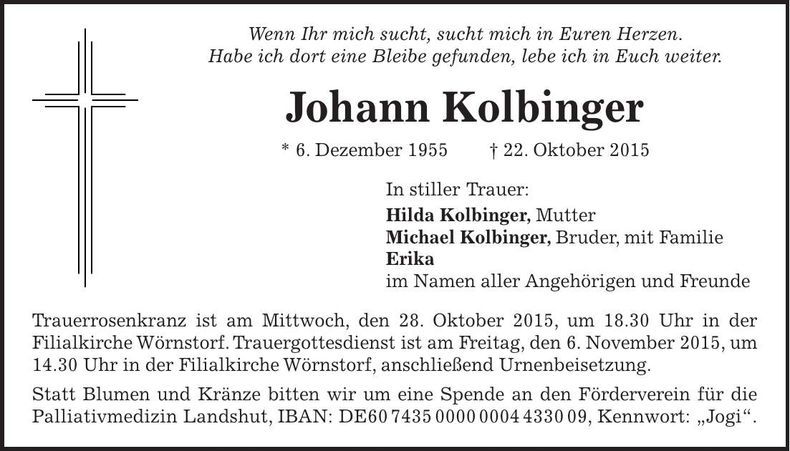 Traueranzeige Johann Kolbinger