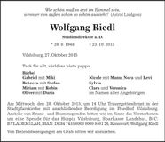 Traueranzeige Wolfgang Riedl