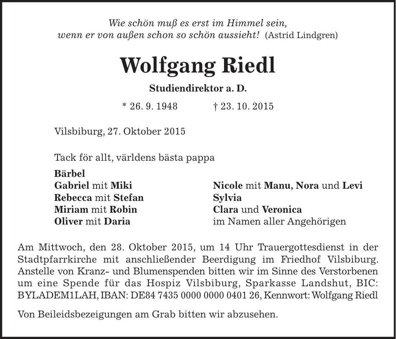 Traueranzeige Wolfgang Riedl