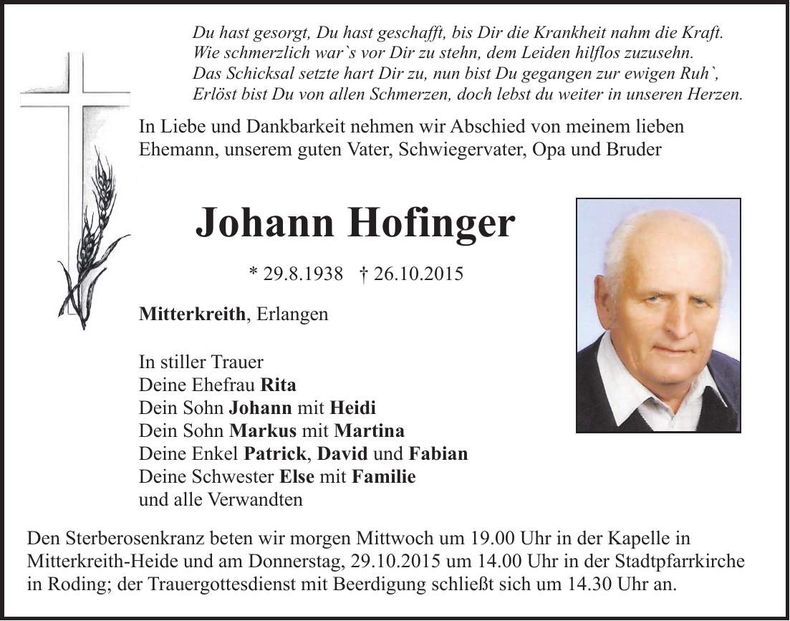 Traueranzeige Johann Hofinger