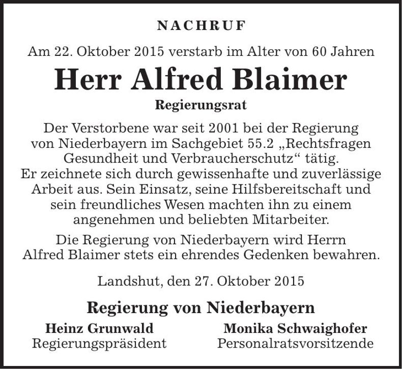 Traueranzeige Alfred Blaimer