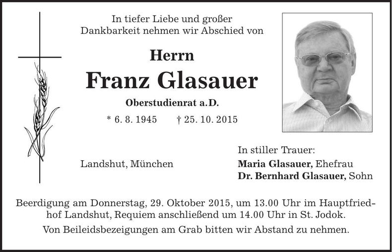 Traueranzeige Franz Glasauer