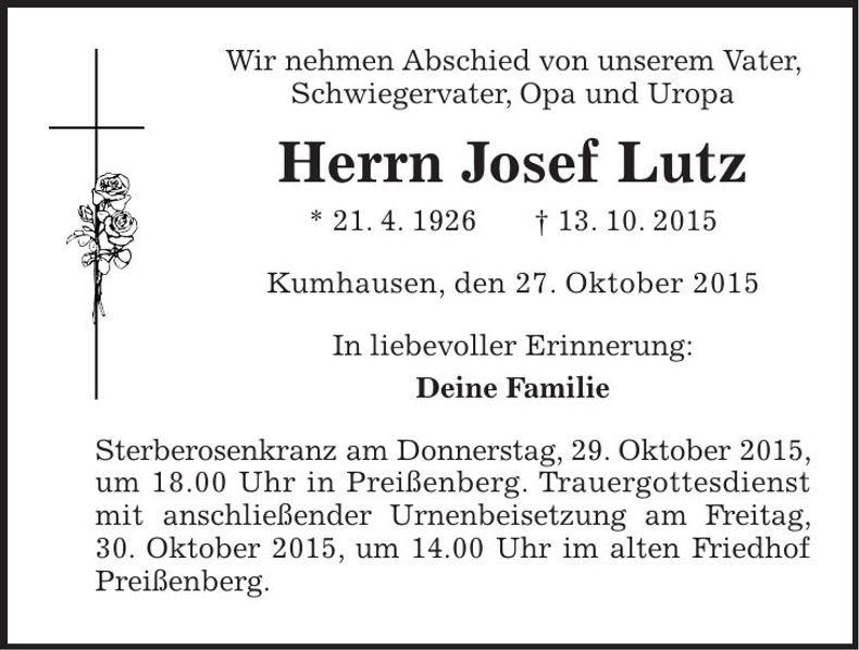 Traueranzeige Josef Lutz