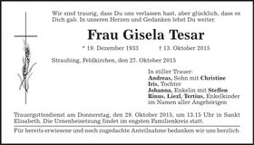 Traueranzeige Gisela Tesar