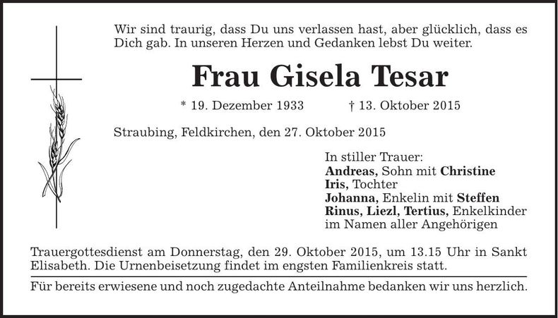 Traueranzeige Gisela Tesar