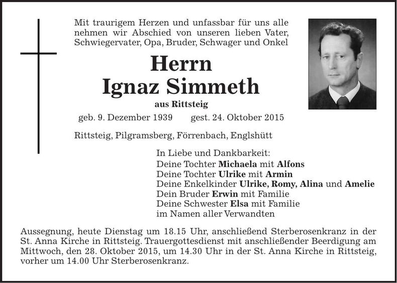 Traueranzeige Ignaz Simmeth
