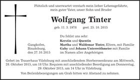 Traueranzeige Wolfgang Tinter