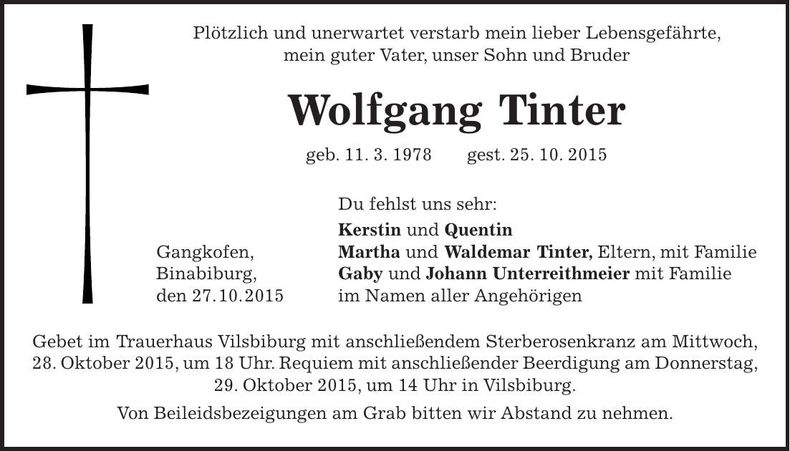 Traueranzeige Wolfgang Tinter
