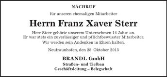 Traueranzeige Xaver Sterr