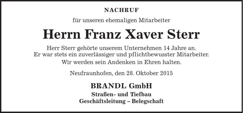 Traueranzeige Xaver Sterr