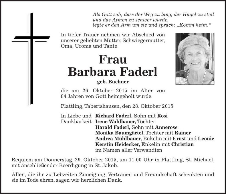 Traueranzeige Barbara Faderl