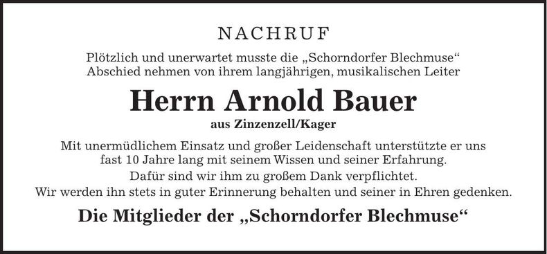Traueranzeige Arnold Bauer