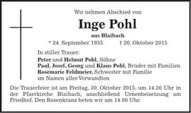Traueranzeige Inge Pohl