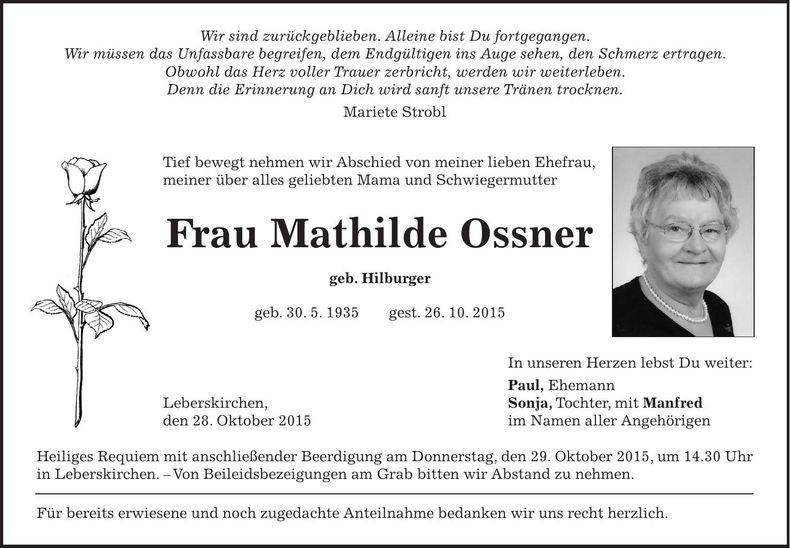 Traueranzeige Mathilde Ossner