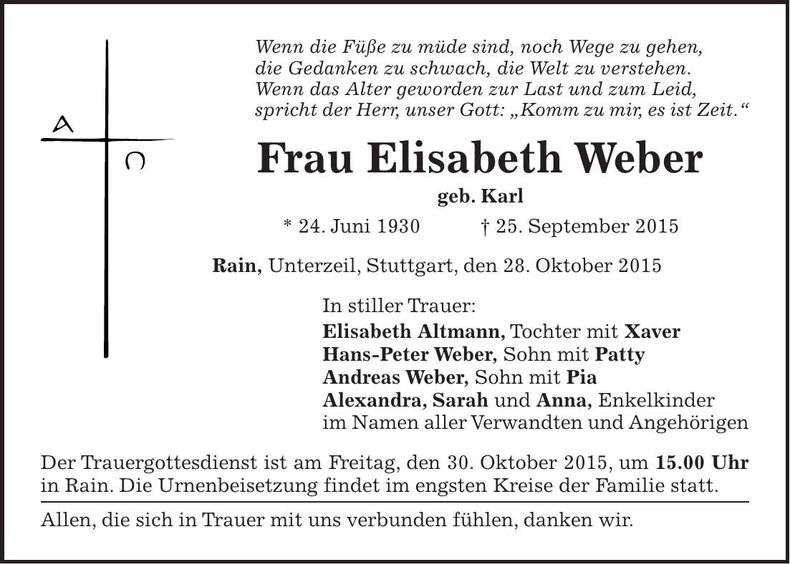 Traueranzeige Elisabeth Weber