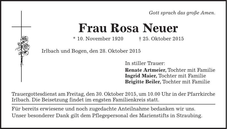 Traueranzeige Rosa Neuer