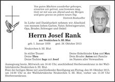 Traueranzeige Josef Rank