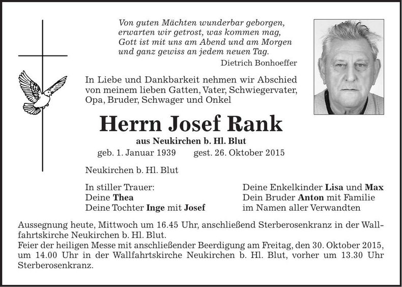 Traueranzeige Josef Rank